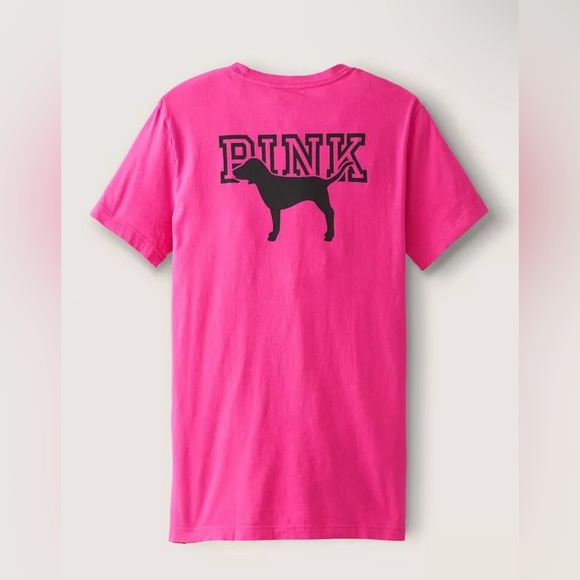 VS VICTORIAS SECRET PINK CAMPUS SHORT SLEEVE TEE TOP NEON FUSCHIA DOG - Picture 3 of 3